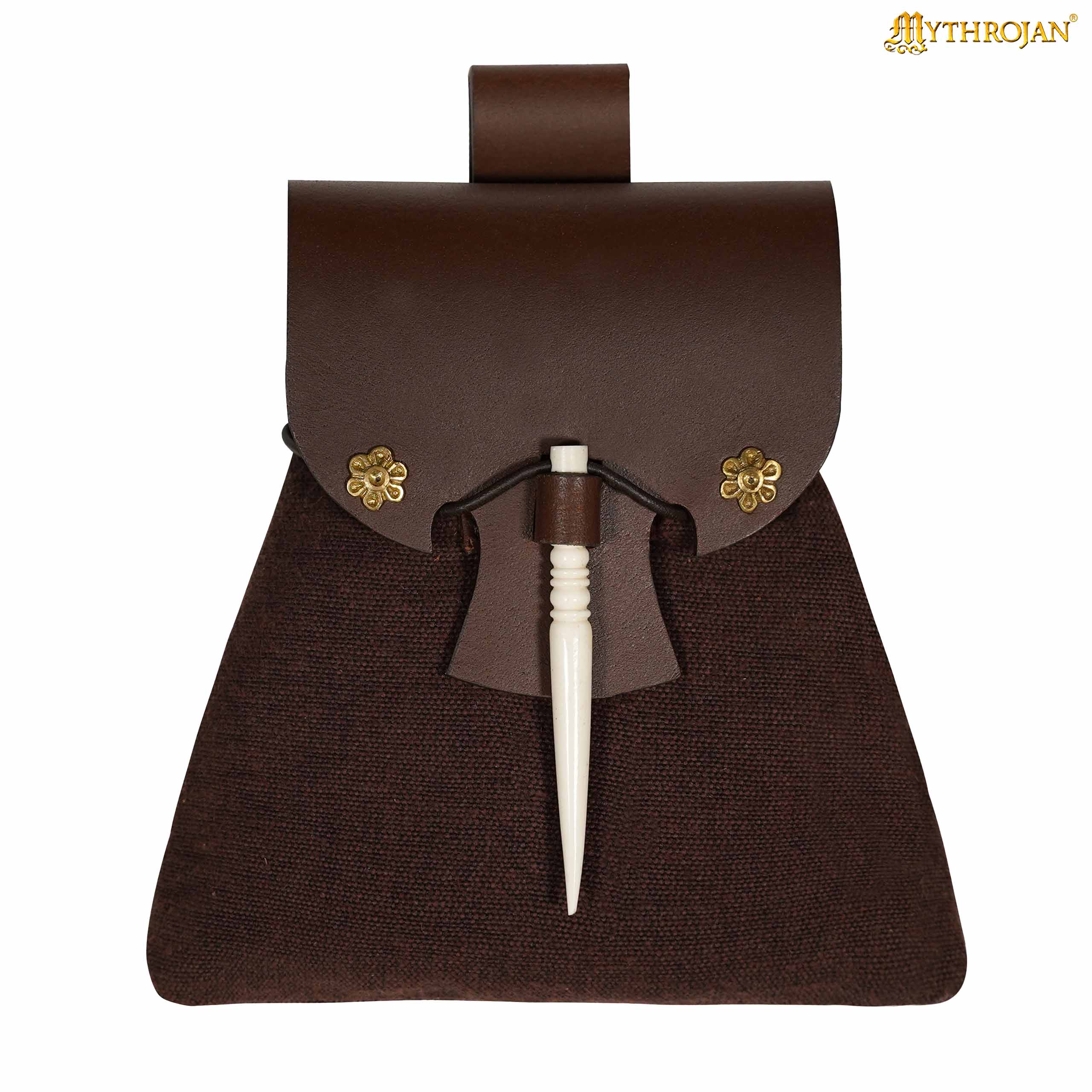 Mythrojan “Gold and Dice” Medieval Fantasy Belt Bag with Bone Needle Closure, Ideal for SCA LARP reenactment &amp; Ren fair, Brown, 7”×7”