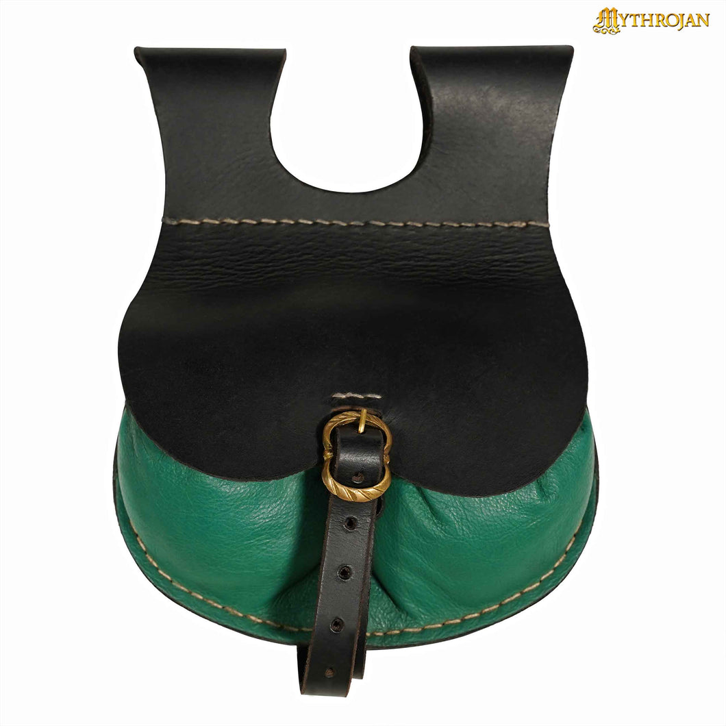 Mythrojan Medieval Belt Bag with Solid Brass Buckle , Ideal for Cosplay SCA LARP Reenactment & Ren fair, Full Grain Leather, Black and Green, 8.2 ” × 6.6”