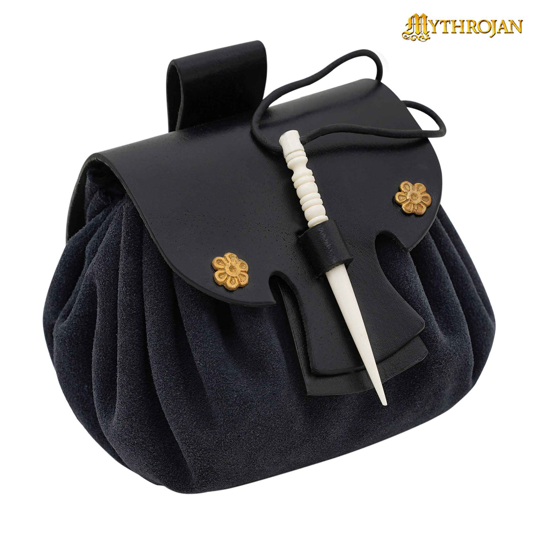 Mythrojan “ Gold and Dice ” Medieval Fantasy Belt Bag with Bone Needle Closure, Ideal for SCA LARP Reenactment & Ren fair, Midnight Navy Blue , 3.5”