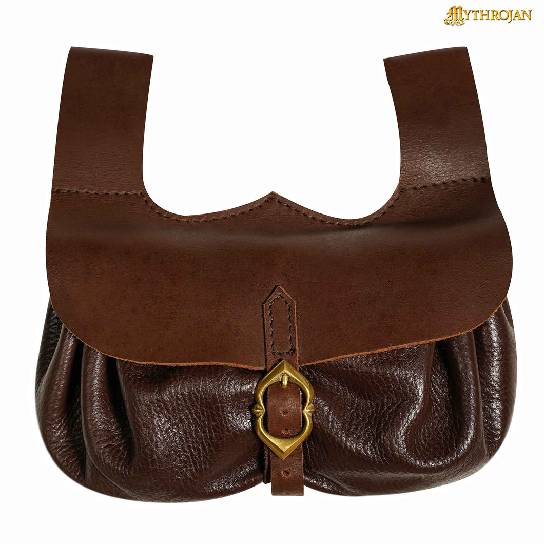Mythrojan Medieval Belt Bag with Solid Brass Buckle , Ideal for Cosplay SCA LARP Reenactment & Ren fair, Full Grain Leather, Brown, 8.2 ” × 8.6”