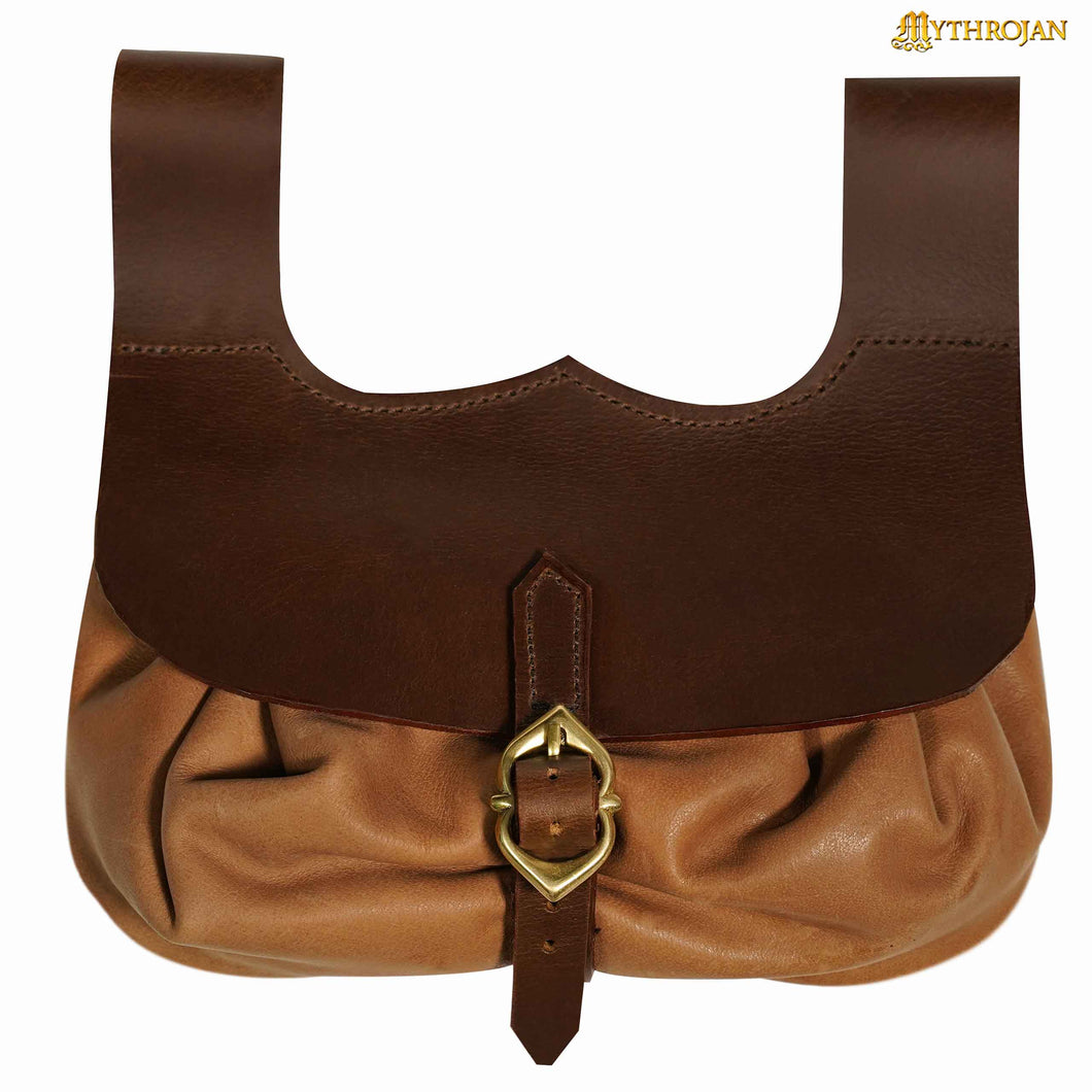 Mythrojan Medieval Belt Bag with Solid Brass Buckle , Ideal for Cosplay SCA LARP Reenactment & Ren fair, Full Grain Leather, Brown , 8.2 ” × 8.6”