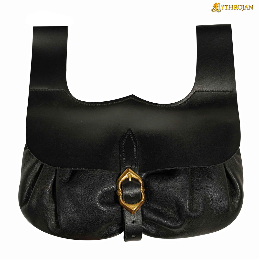 Mythrojan Medieval Belt Bag with Solid Brass Buckle, Ideal for Cosplay SCA LARP Reenactment & Ren Fair, Full Grain Leather, Black, 8.2”×8.6”
