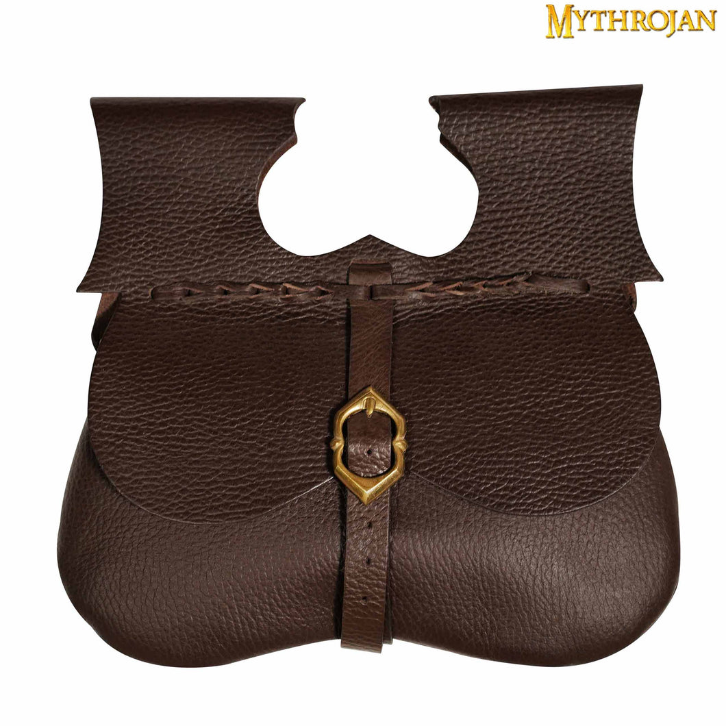 Mythrojan Classic Medieval Belt Bag with Solid Brass Buckle, Ideal for SCA LARP Reenactment & Ren Fair, Full Grain Leather, Brown 8.5”×9”