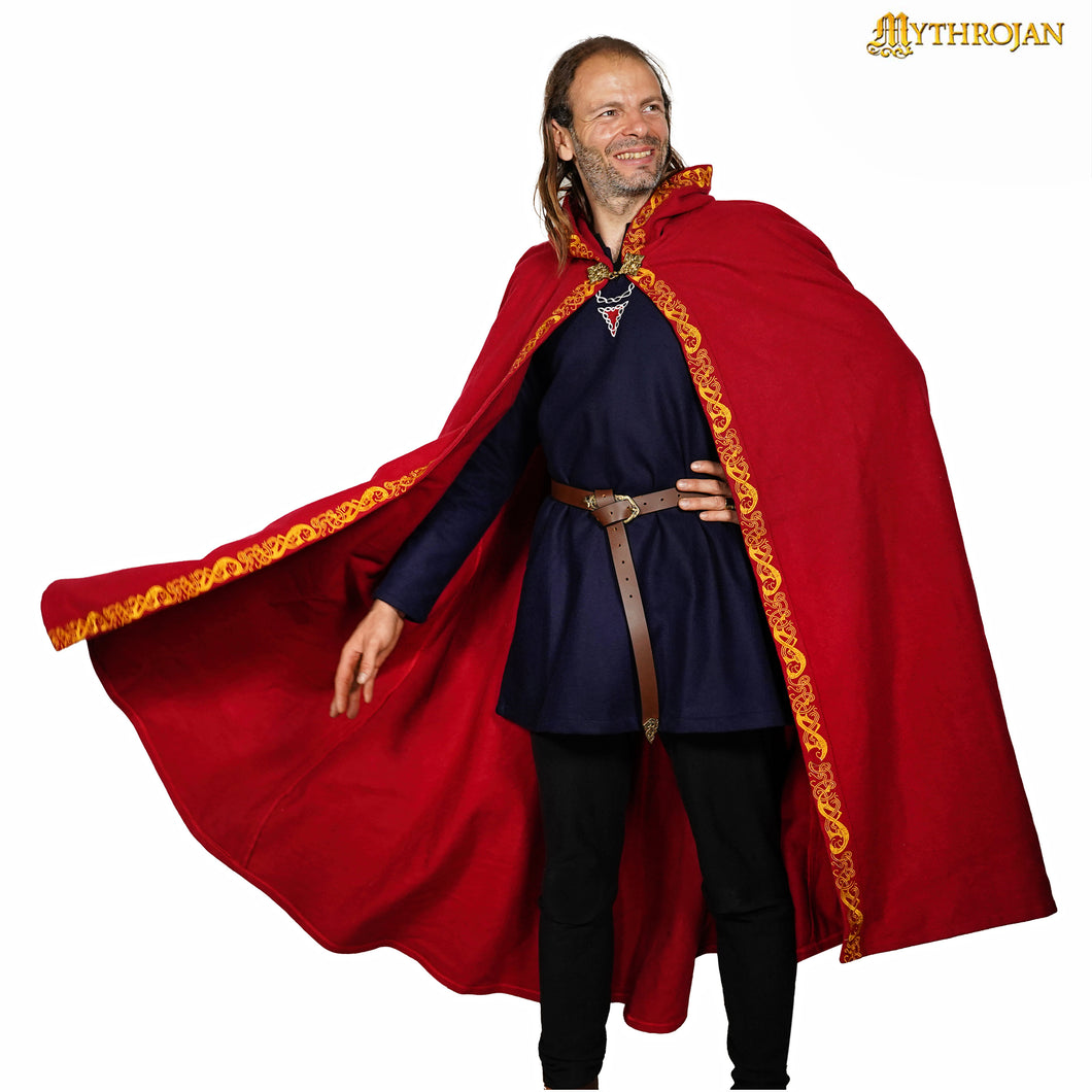 Mythrojan Woolen Embroidered Hooded Cloak/Cape with delicate BRASS BROOCH Medieval Wool Cape for Ranger LARP SCA Cosplay, Red, Large