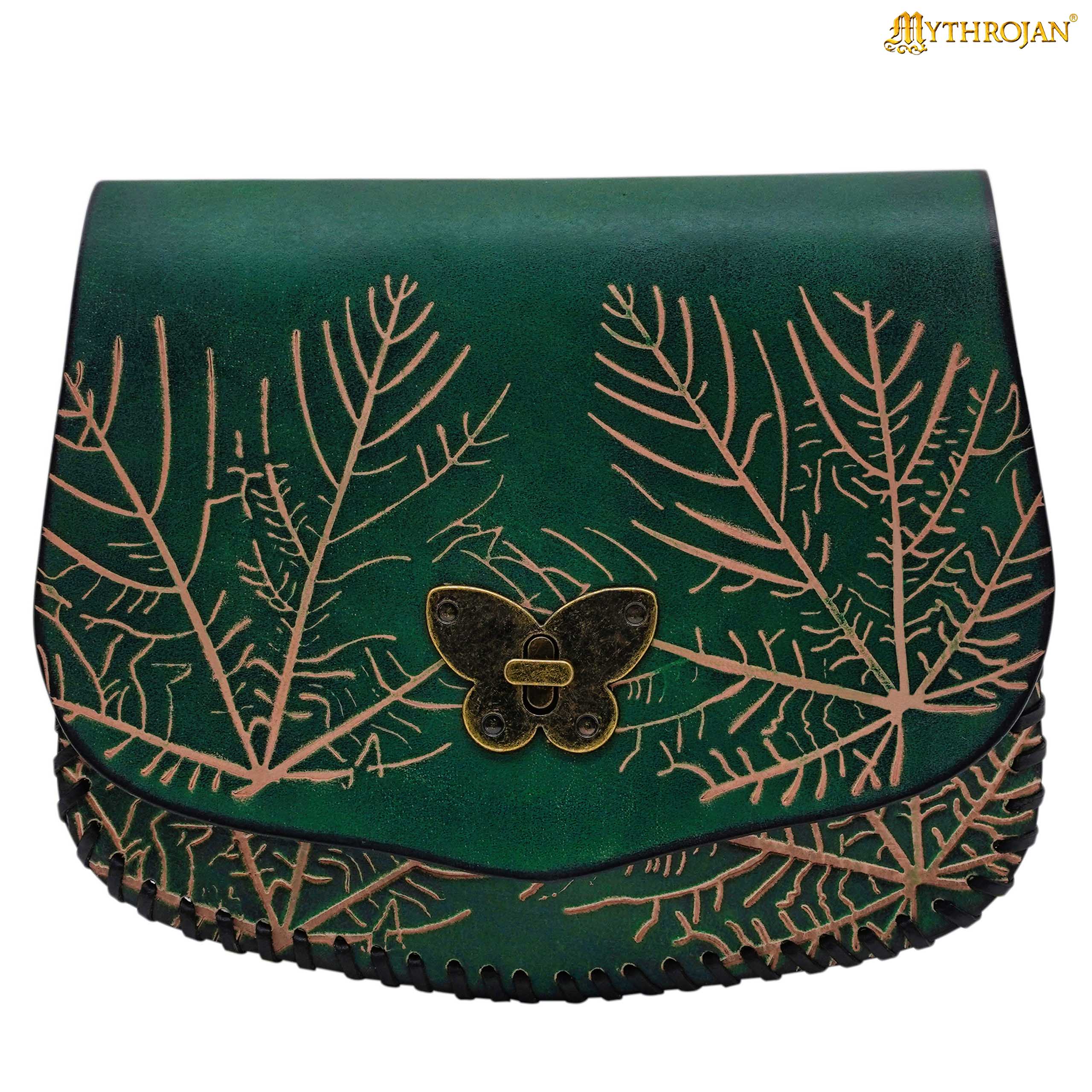 Mythrojan &quot;Forest Grace&quot; Elven Leather Pouch: Ideal for LARP, Cosplay, Elvish Costume &amp; Healer or Ranger Outfit , 7.4” x8.8 ” x2.9 ”