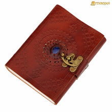 mythrojan-embossed-brown-leather-journal-blue-stone-studded-handmade-vintage-writing-notebook