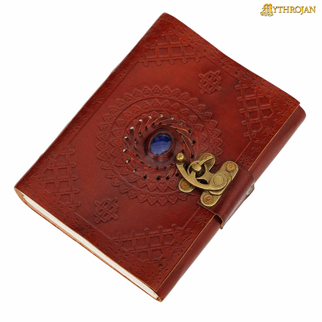 Mythrojan Embossed Brown Leather Journal - Blue Stone Studded Handmade Vintage Writing Notebook