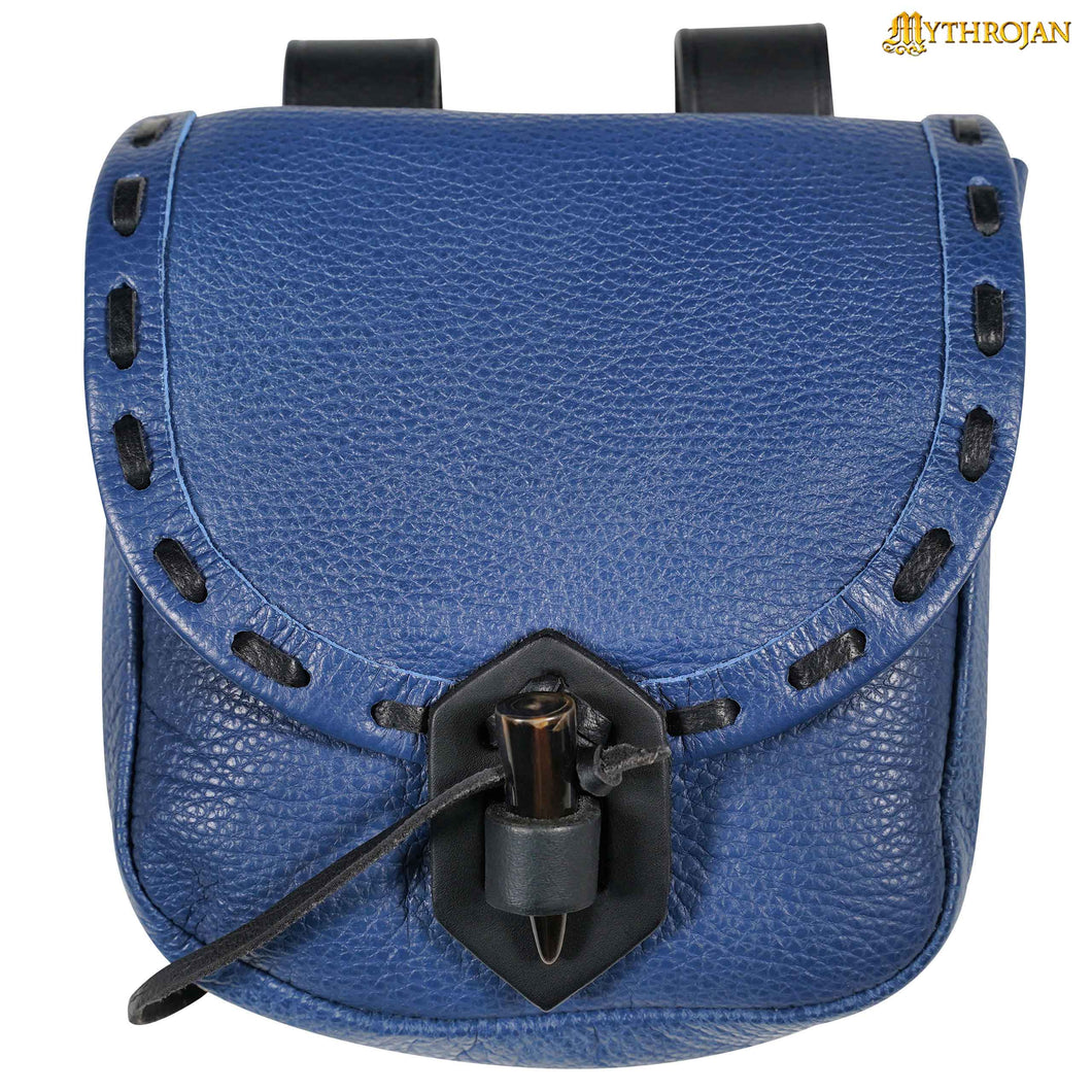 Mythrojan “The Adventurer’s” Belt Bag with Horn Toggle, Ideal for SCA LARP Reenactment & Ren fair, Full Grain Leather, Blue, 8”x 7”