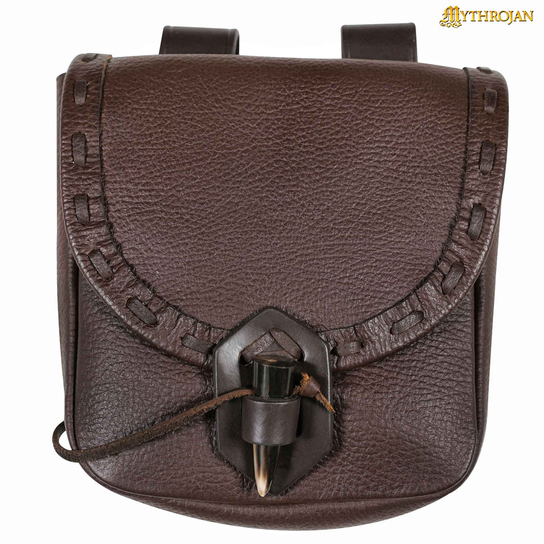 Mythrojan “The Adventurer’s” Belt Bag with Horn Toggle, Ideal for SCA LARP Reenactment & Ren fair, Full Grain Leather, Brown, 8”x 7”