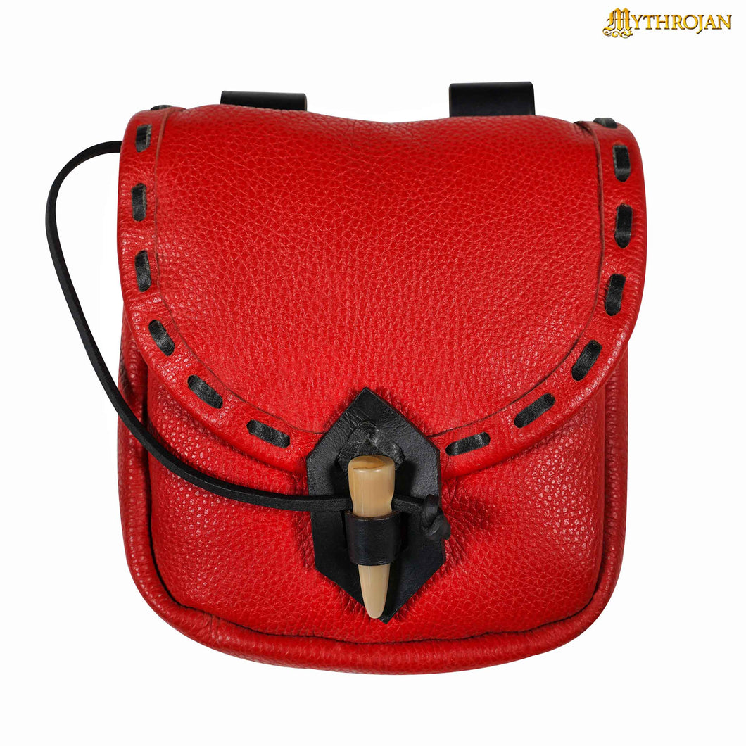 Mythrojan “The Adventurer’s” Belt Bag with Horn Toggle, Ideal for SCA LARP Reenactment & Ren fair, Full Grain Leather, Red, 8”x 7”