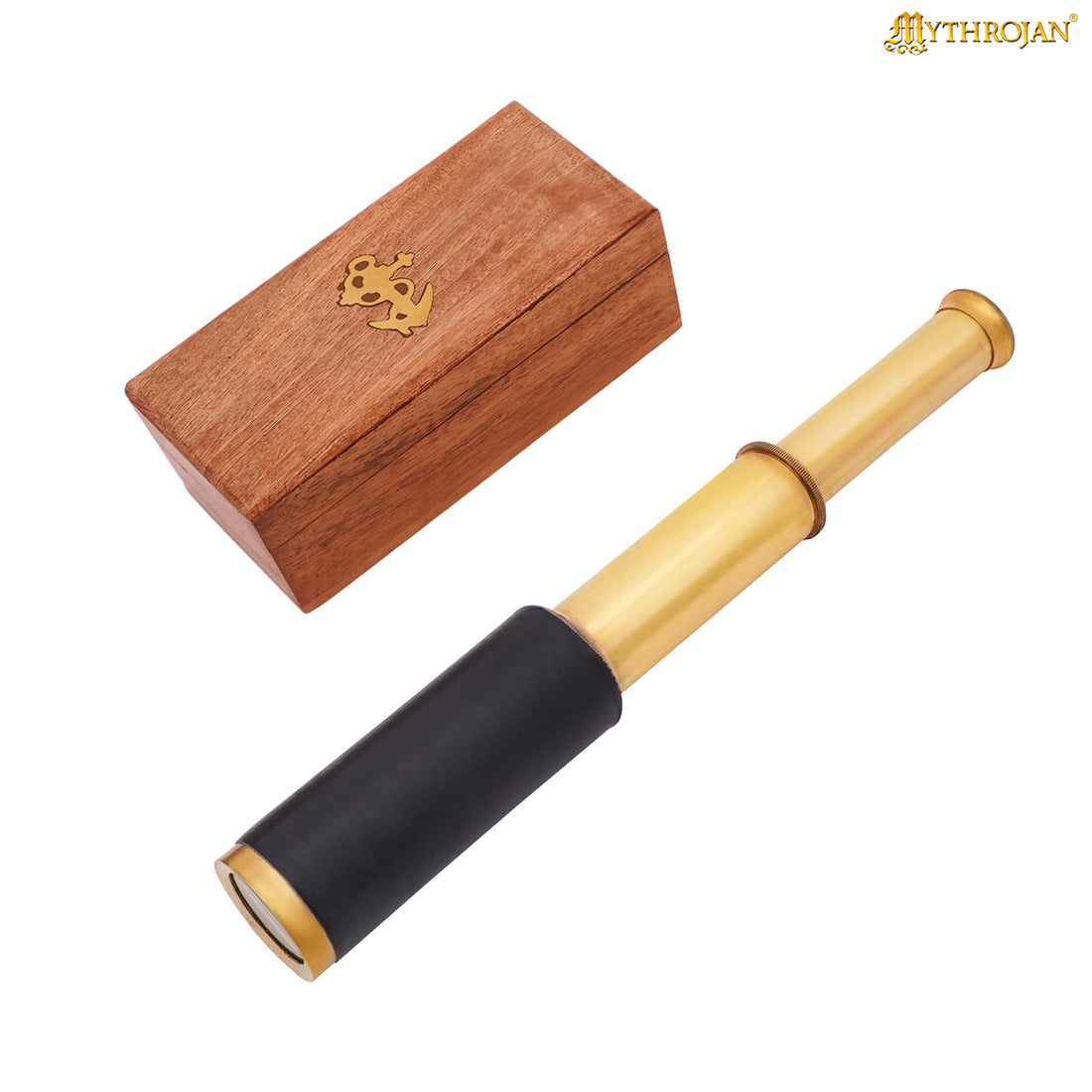 Mythrojan Mini Pirate Spyglass Telescope Brass Colapsable Hand Telescope with Wooden Box Small Vintage Telescope Pirate Decore Brass Decorative Telescope 9&