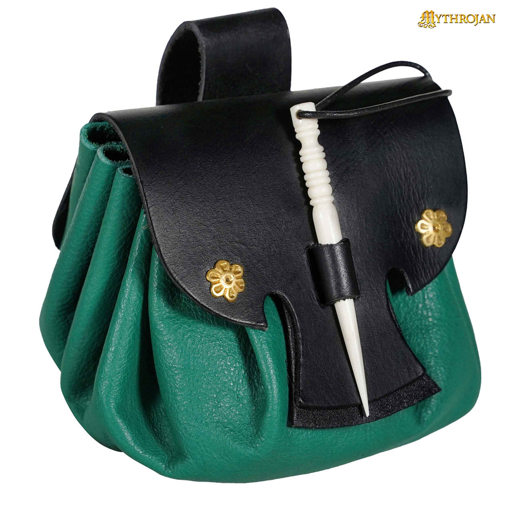 Mythrojan “ Gold and Dice ” Medieval Fantasy Belt Bag with Bone Needle Closure, Ideal for SCA LARP Reenactment & Ren fair, Green, 3.5”