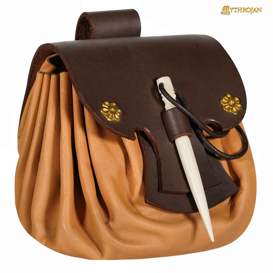 Mythrojan “ Gold and Dice ” Medieval Fantasy Belt Bag with Bone Needle Closure, Ideal for SCA LARP Reenactment & Ren fair, Brown, 3.5”