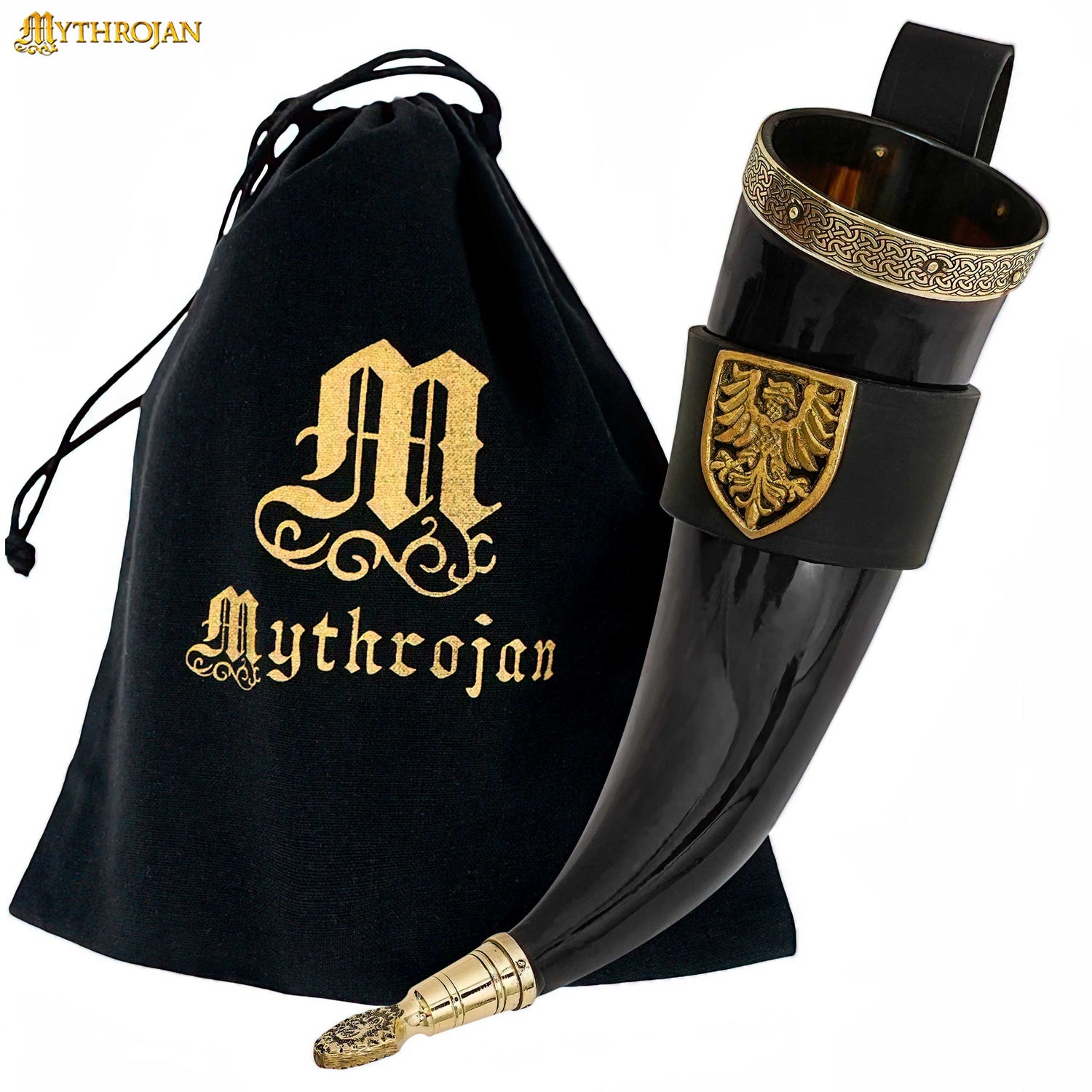 Mythrojan THE TOURNAMENT CHAMPION - Viking Drinking Horn with Black Leather Holder Authentic Medieval Inspired Viking Wine/Mead Mug - Polished Finish