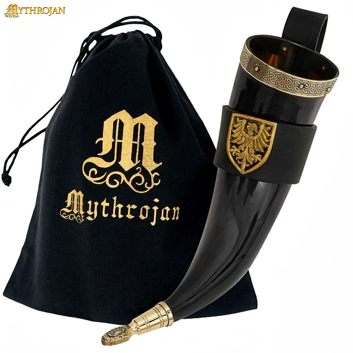 Mythrojan THE TOURNAMENT CHAMPION - Viking Drinking Horn with Brown Leather Holder Authentic Medieval Inspired Viking Wine/Mead Mug - Polished Finish