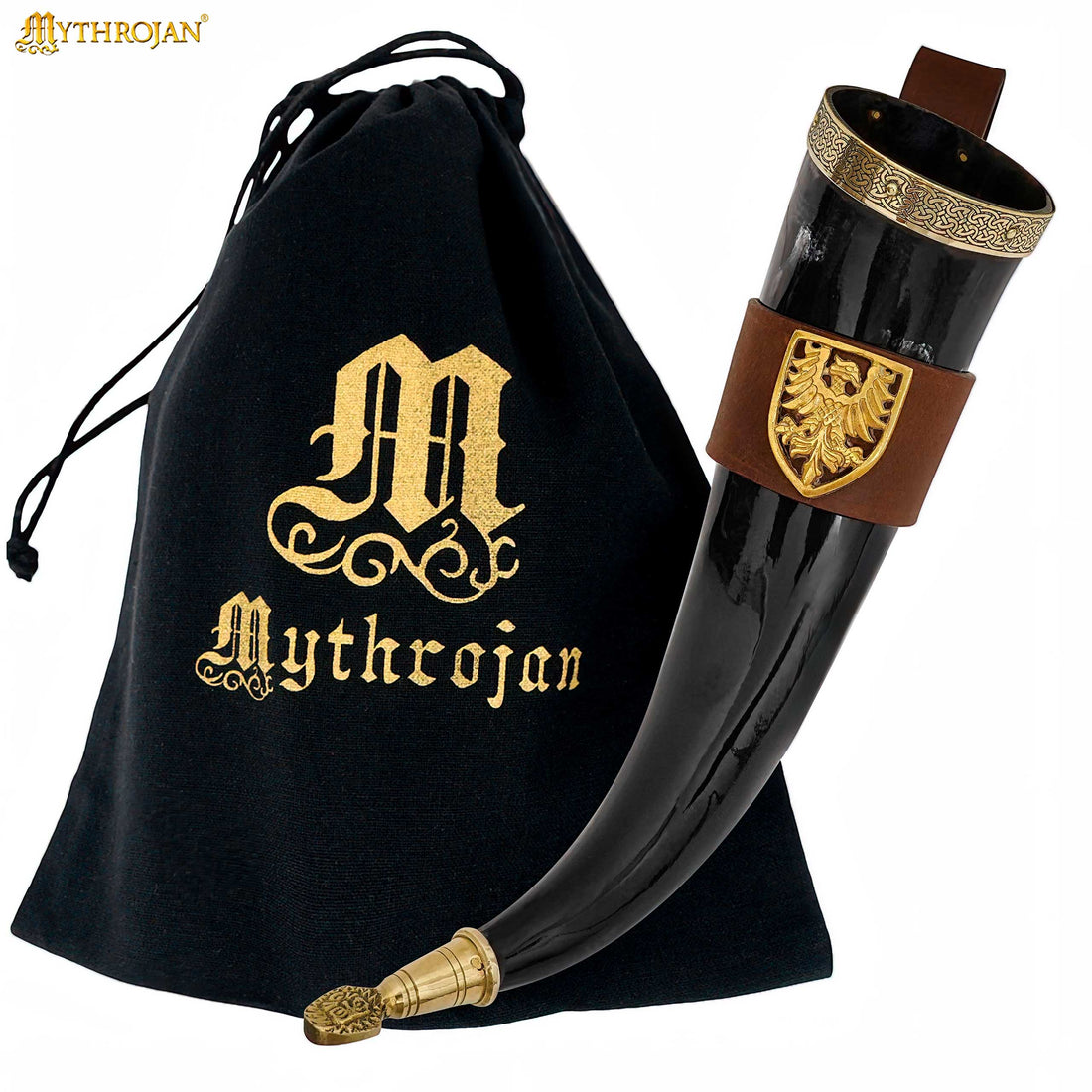 Mythrojan THE TOURNAMENT CHAMPION - Viking Drinking Horn with Brown Leather Holder Authentic Medieval Inspired Viking Wine/Mead Mug - Polished Finish