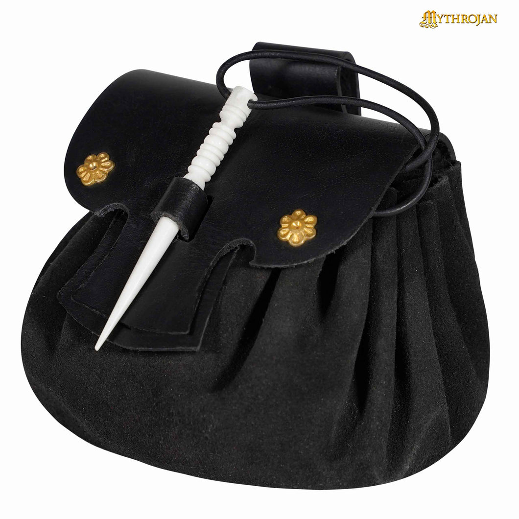Mythrojan “ Gold and Dice ” Medieval Fantasy Belt Bag with Bone Needle Closure, Ideal for SCA LARP Reenactment & Ren fair, Black, 3.5”