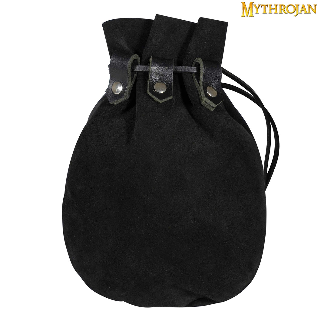 Mythrojan “ Gold and Dice ” Medieval Drawstring Bag, Ideal for SCA LARP Reenactment & Ren fair Suede Leather Pouch, Black 9.2” ×7.2 ”