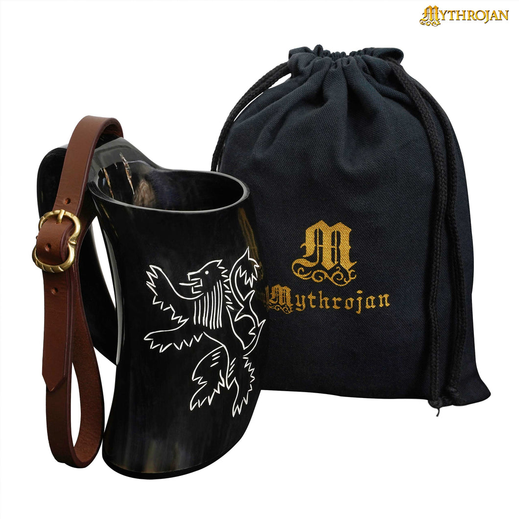 Mythrojan Tumbler Viking Drinking Cup with Handle & Medieval Buckle Renaissance with Leather Strap - 600 ML / Rampat Lion