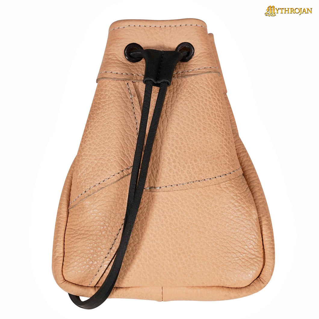 Mythrojan Medieval Drawstring Bag, Ideal for SCA LARP Reenactment & Ren fair - Full Grain Leather, Natural 7 ” ×5 ”