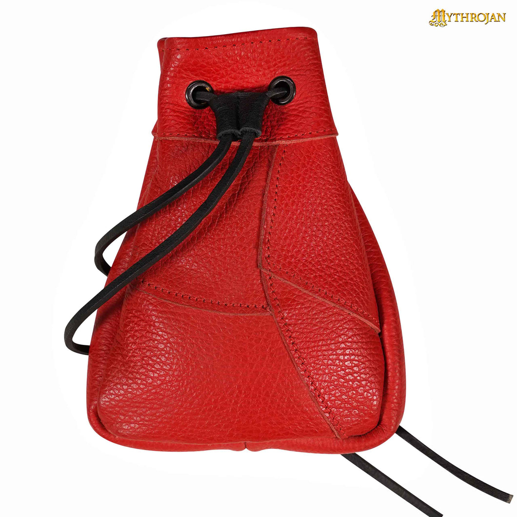 Mythrojan Medieval Drawstring Bag, Ideal for SCA LARP Reenactment & Ren fair - Full Grain Leather, Red 7 ” ×5 ”
