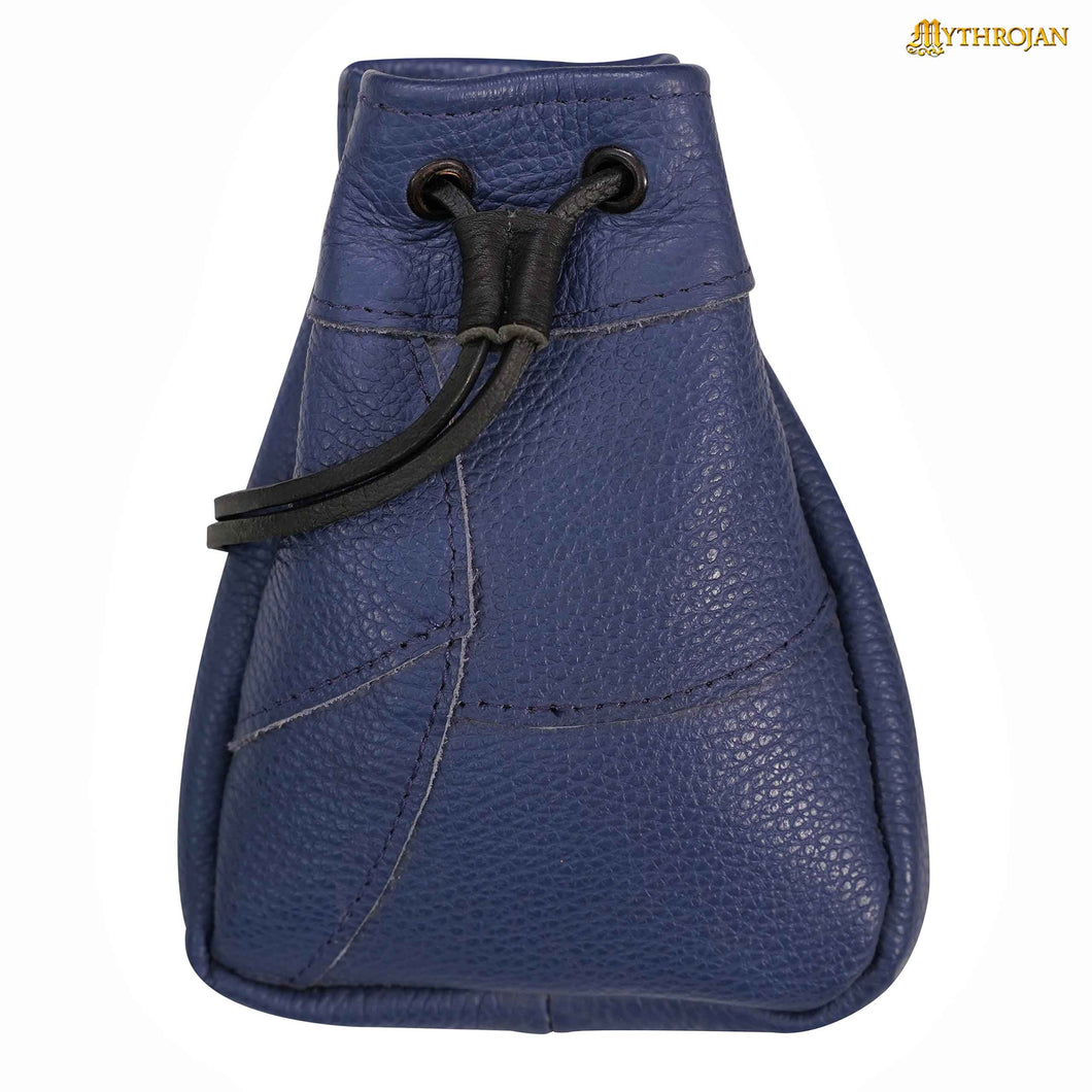 Mythrojan Medieval Drawstring Bag, Ideal for SCA LARP Reenactment & Ren fair - Full Grain Leather, Blue, 7”×5”