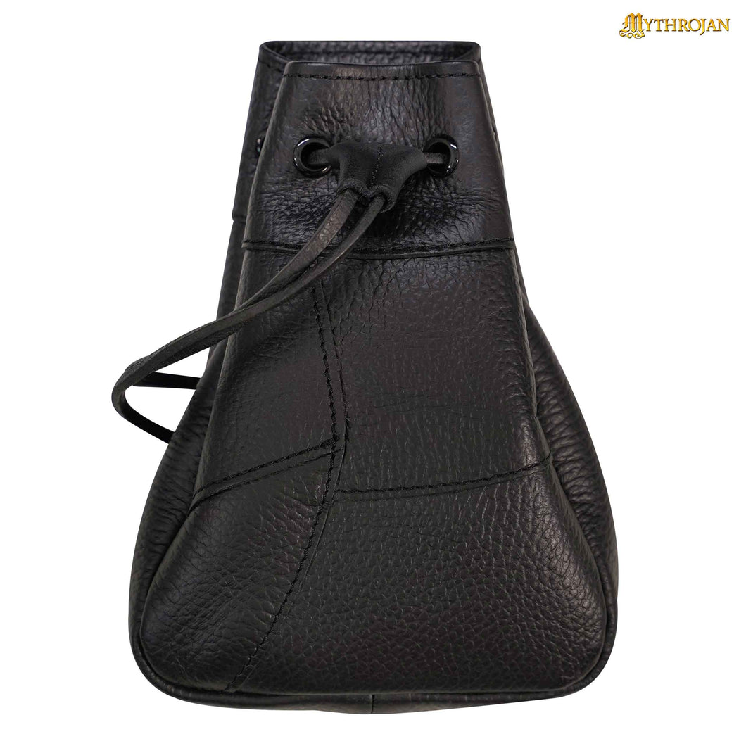 Mythrojan Medieval Drawstring Bag, Ideal for SCA LARP Reenactment & Ren fair - Full Grain Leather, Black , 7”×5”