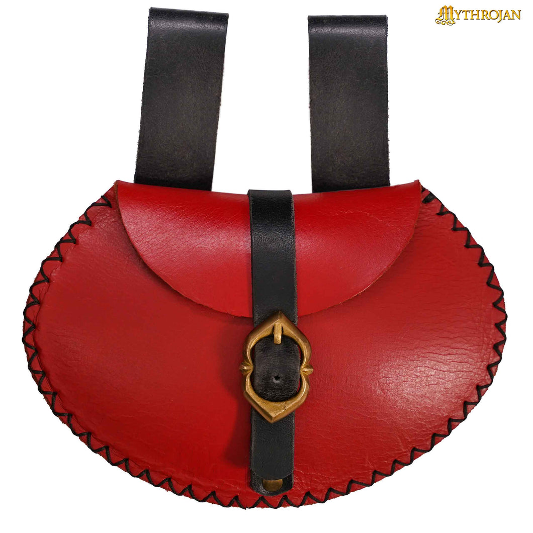 Mythrojan Medieval Belt Bag with Solid Brass Buckle, Ideal for SCA LARP Reenactment & Ren fair, Full Grain Leather, Red, 4.9 ” × 7.2”