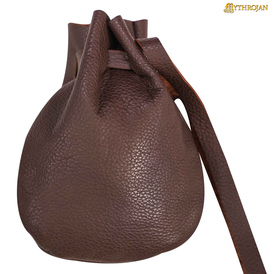 Mythrojan “Gold and Dice” Medieval Drawstring Bag, Ideal for SCA LARP Reenactment & Ren fair - Full grain Leather Pouch, B rown 6” × 5