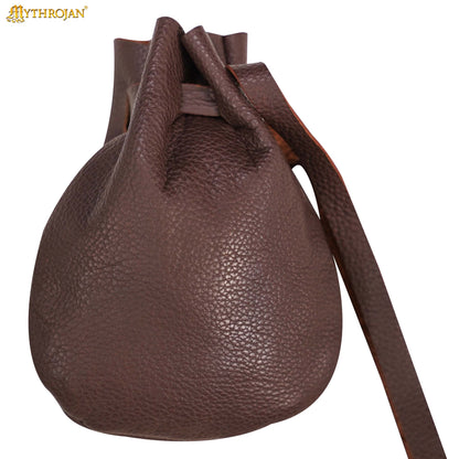 Mythrojan “Gold and Dice” Medieval Drawstring Bag, Ideal for SCA LARP Reenactment &amp; Ren fair - Full grain Leather Pouch, B rown 6” × 5&quot;