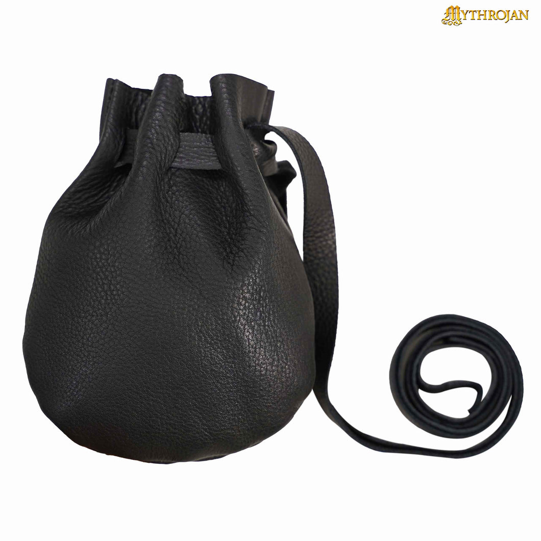 Mythrojan “Gold and Dice” Medieval Drawstring Bag, Ideal for SCA LARP Reenactment & Ren fair - Full grain Leather Pouch, Black 6” × 5”