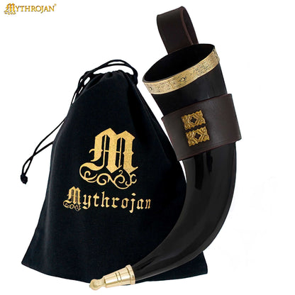 Mythrojan THE WEALTHY MERCHANT - Viking Drinking Horn with Leather Holder Authentic Medieval Inspired Viking Wine/Mead Mug - Polished Finish - 350 ML / Brown