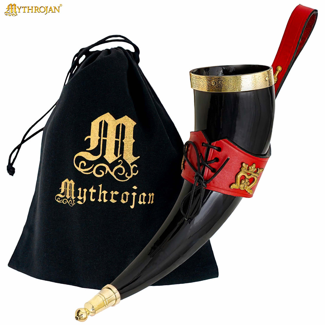 Mythrojan THE ELEGANT LADY Viking Drinking Horn with Red Leather holder Authentic Medieval Inspired Viking Wine/Mead Mug - Polished Finish - 350ML