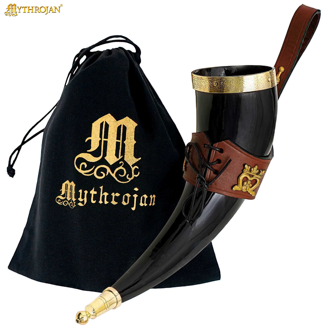 Mythrojan THE ELEGANT LADY Viking Drinking Horn with Brown Leather holder Authentic Medieval Inspired Viking Wine/Mead Mug - Polished Finish