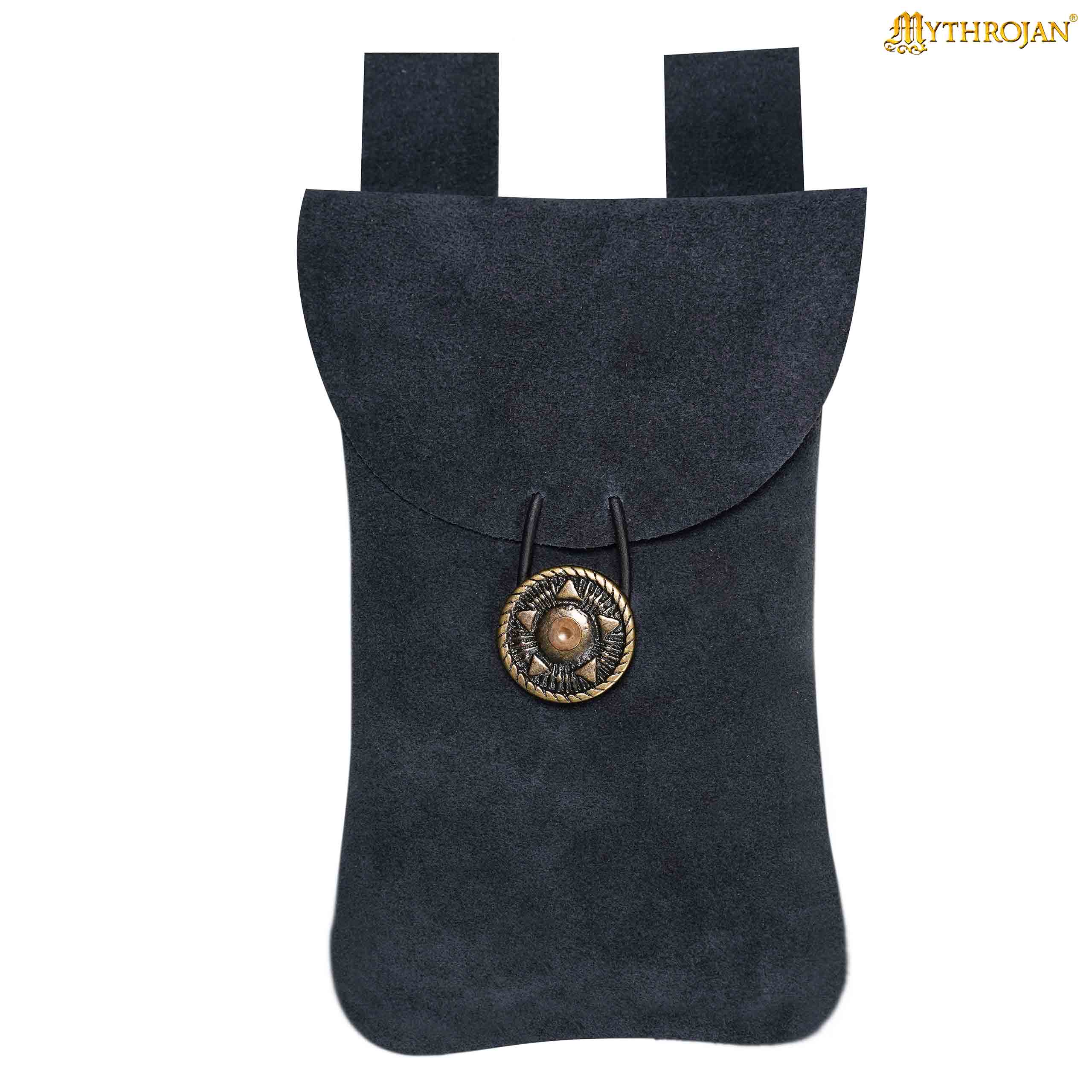 Mythrojan Suede Belt Bag, ideal for SCA LARP reenactment &amp; Ren fair, Suede Leather, Midnight Navy Blue, 7.2”×4.7”