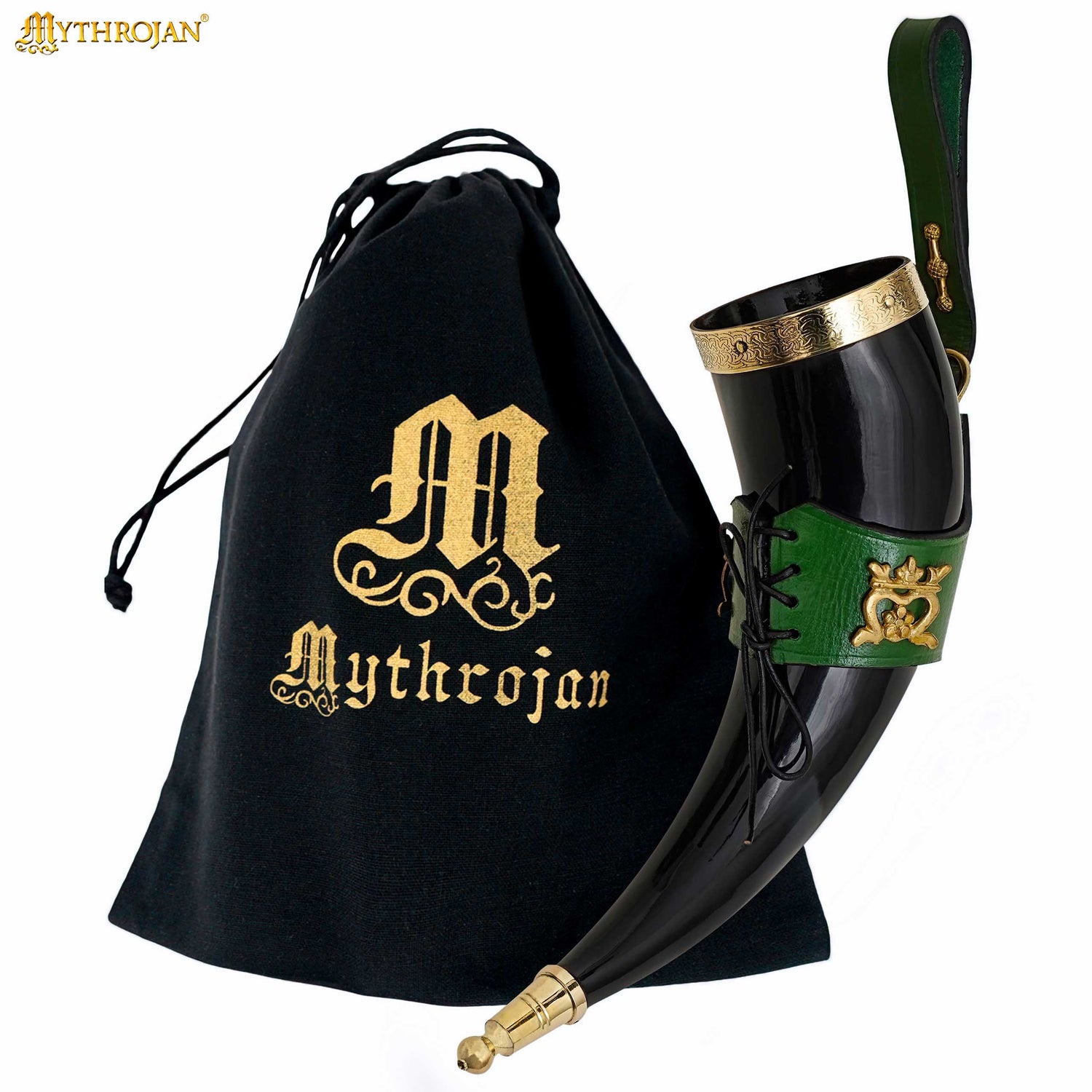 Mythrojan THE ELEGANT LADY Viking Drinking Horn with Green Leather holder Authentic Medieval Inspired Viking Wine/Mead Mug - Polished Finish - 350Ml