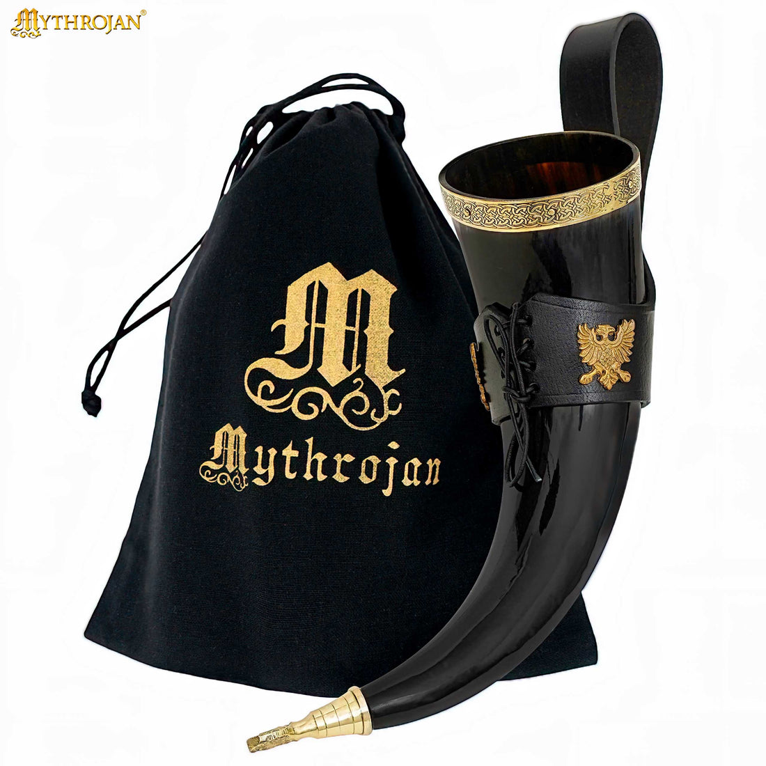 Mythrojan The Bird of Prey Viking Drinking Horn with Black Leather Holder Authentic Medieval Inspired Viking Wine/Mead Mug - Polished Finish