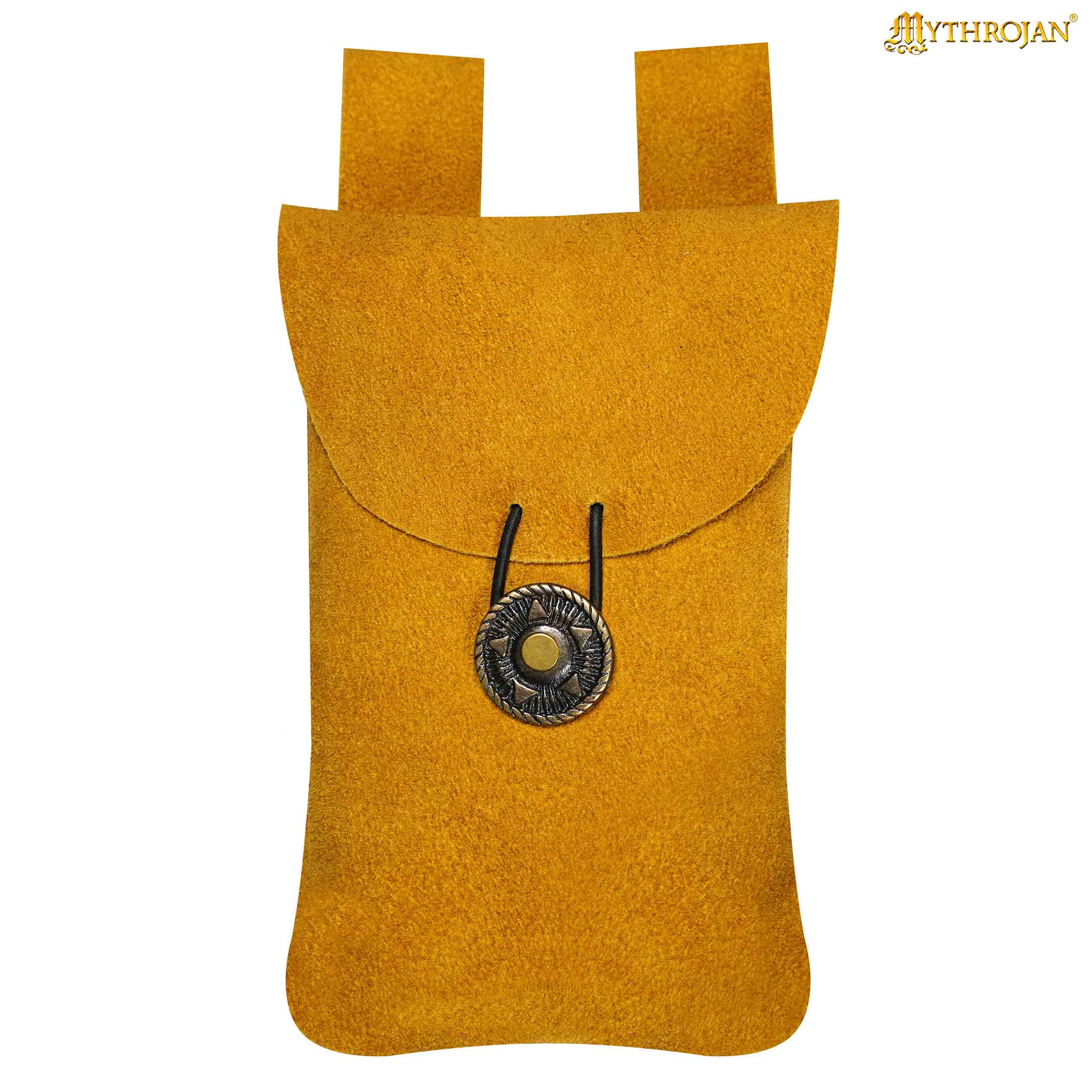 Mythrojan Suede Belt Bag, ideal for SCA LARP reenactment &amp; Ren fair, Suede Leather, Yellow, 7.2”×4.7”