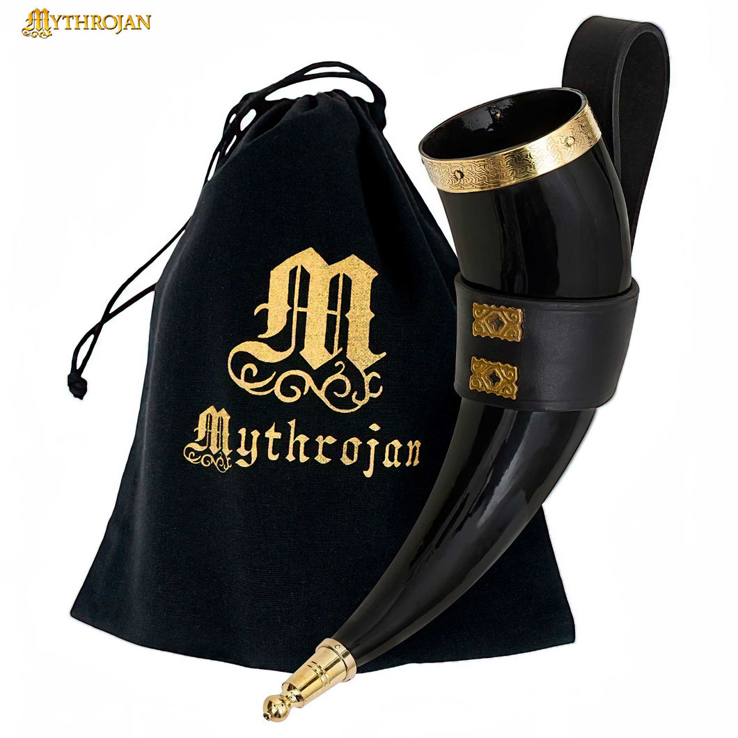 Mythrojan THE WEALTHY MERCHANT - Viking Drinking Horn with Leather holder Authentic Medieval Inspired Viking Wine/Mead Mug - Polished Finish - 350 ML / Black