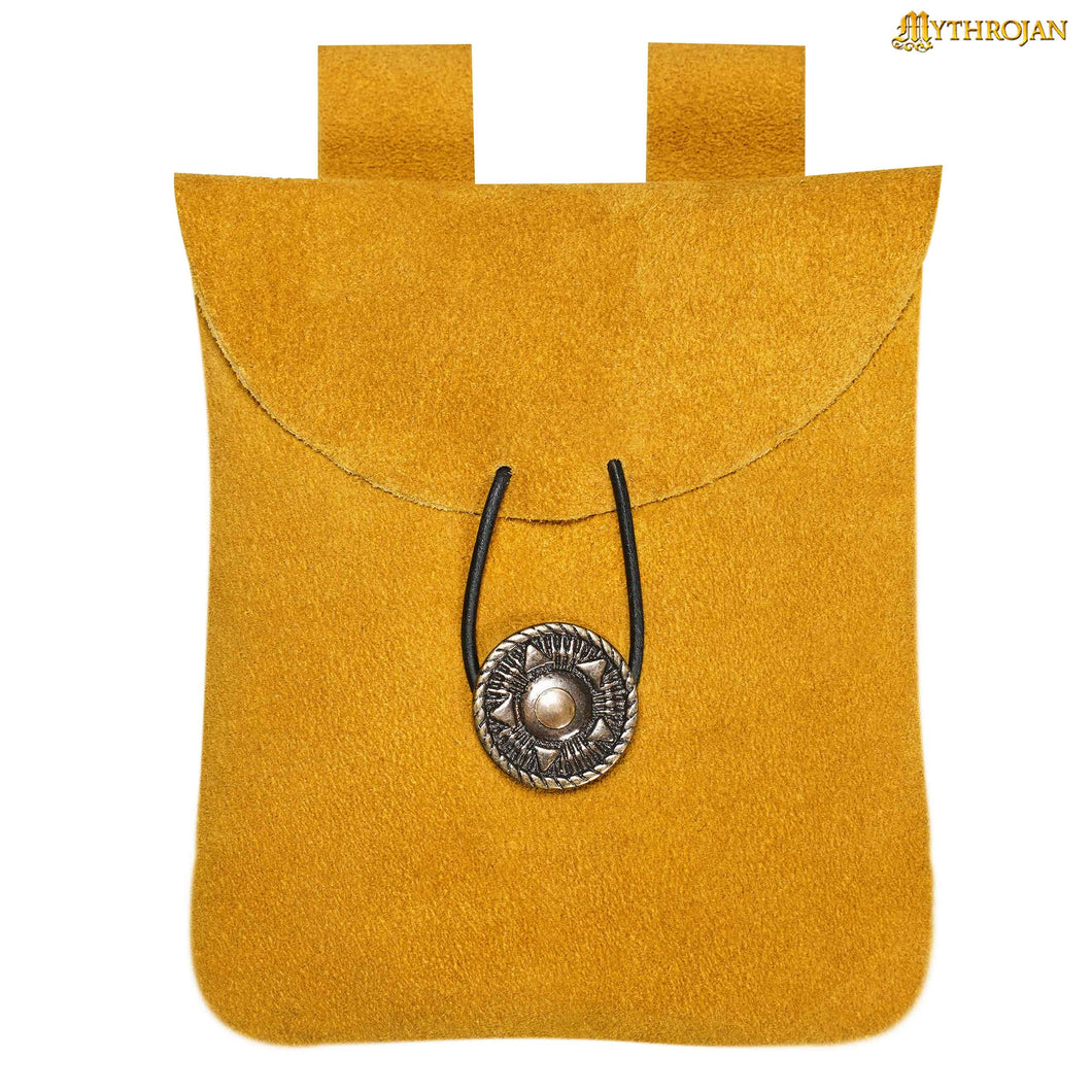 Mythrojan Suede Belt Bag, Ideal for SCA LARP Reenactment & Ren fair, Suede Leather, Yellow , 5 .5”× 5.1 ”