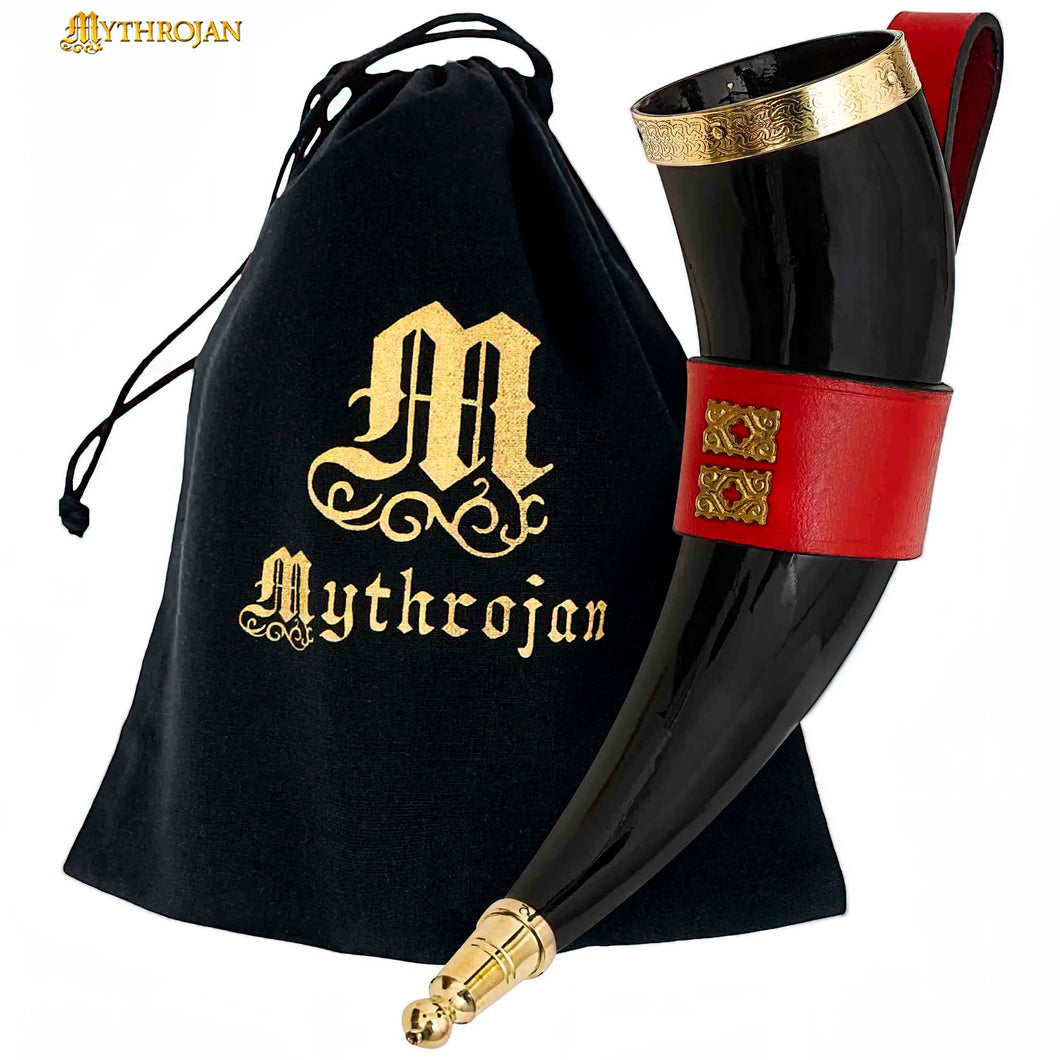 Mythrojan THE WEALTHY MERCHANT - Viking Drinking Horn with Red Leather Holder Authentic Medieval Inspired Viking Wine/Mead Mug - Polished Finish - 350 ML