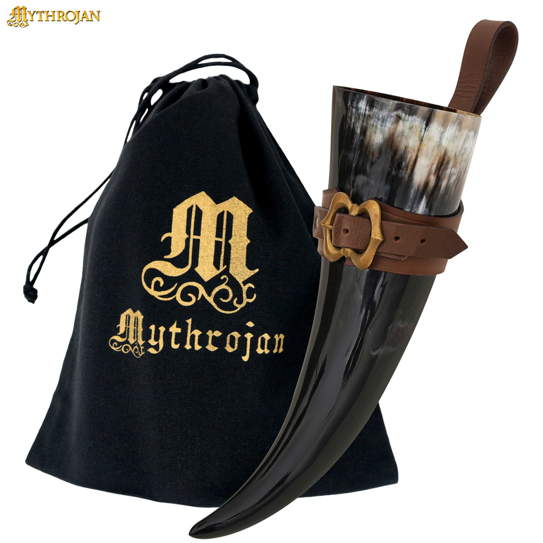 Mythrojan THE LOYAL SOLDIER - Viking Drinking Horn with Leather Holder Authentic Medieval Inspired Viking Wine/Mead Mug - Polished Finish - 600 ML / Brown