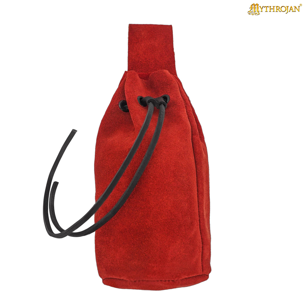 Mythrojan Medieval Drawstring Belt Bag, Ideal for SCA LARP Reenactment &amp; Ren fair , Suede Leather , Wine Red 8” ×6.5 ”