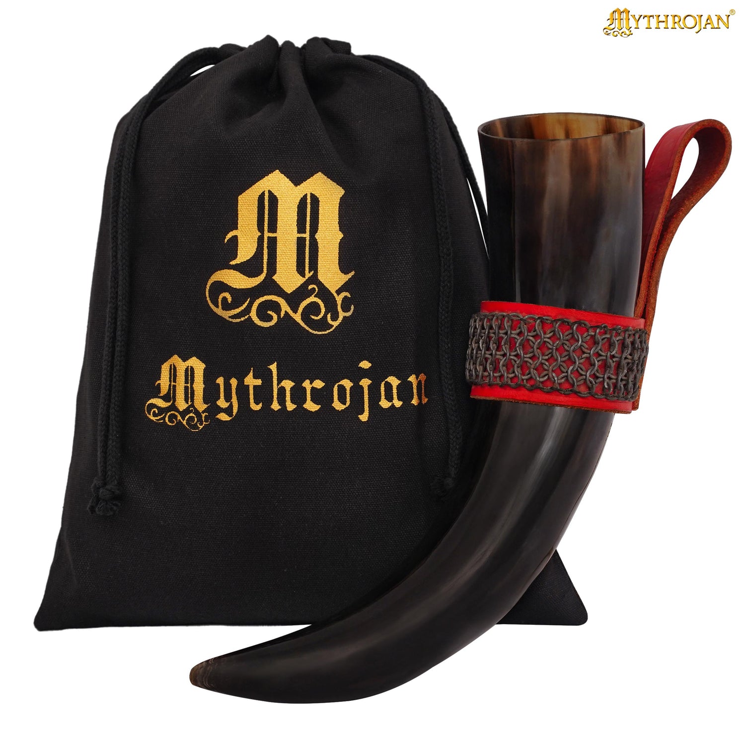 Mythrojan THE WITCHER COMPANION Viking Drinking Horn with Red Leather Holder Authentic Medieval Inspired Viking Wine/Mead Mug - Polished Finish