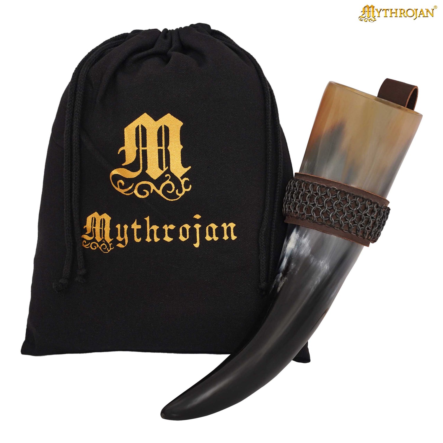 Mythrojan THE WITCHER COMPANION Viking Drinking Horn with Brown Leather Holder Authentic Medieval Inspired Viking Wine/Mead Mug - Polished Finish