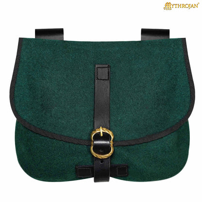 Mythrojan Late Medieval Belt Bag, Ideal for SCA LARP Reenactment &amp; Ren fair, Full Grain Leather and Wool , Green , 6.2 ”× 7 ”