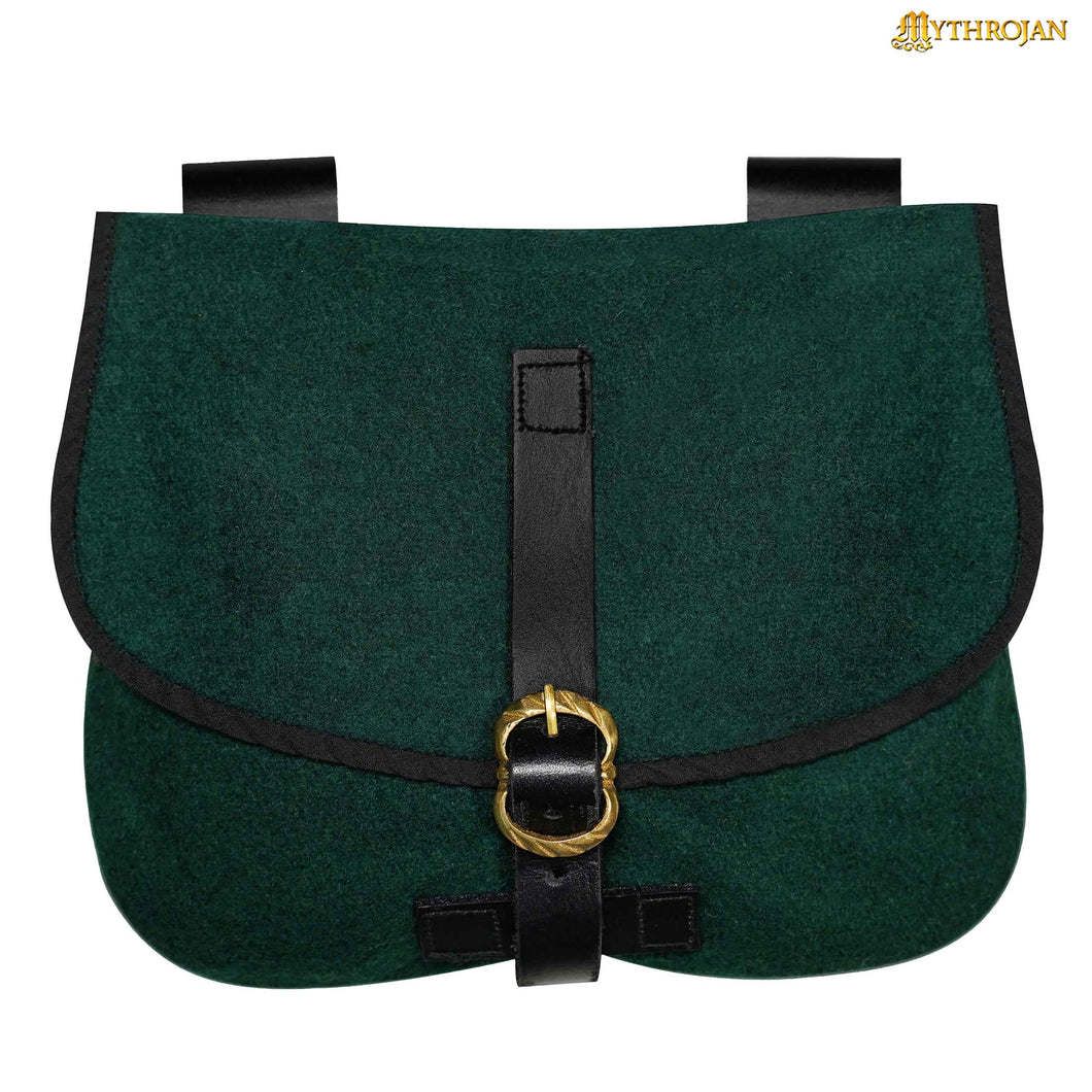 Mythrojan Late Medieval Belt Bag, Ideal for SCA LARP Reenactment & Ren fair, Full Grain Leather and Wool , Green , 6.2 ”× 7 ”