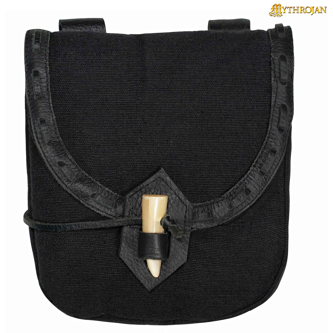Mythrojan “The Adventurer’s” Belt Bag with Horn Toggle, Ideal for SCA LARP Reenactment & Ren fair, Full Grain Leather and Handwoven Canvas , Black , 8” × 7”