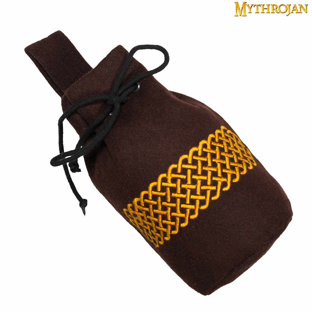 Mythrojan Embroidered Wool Drawstring Belt Pouch: Medieval Viking Celtic Bag Costume Accessories Coin Purse , Brown , 8” × 6.5”
