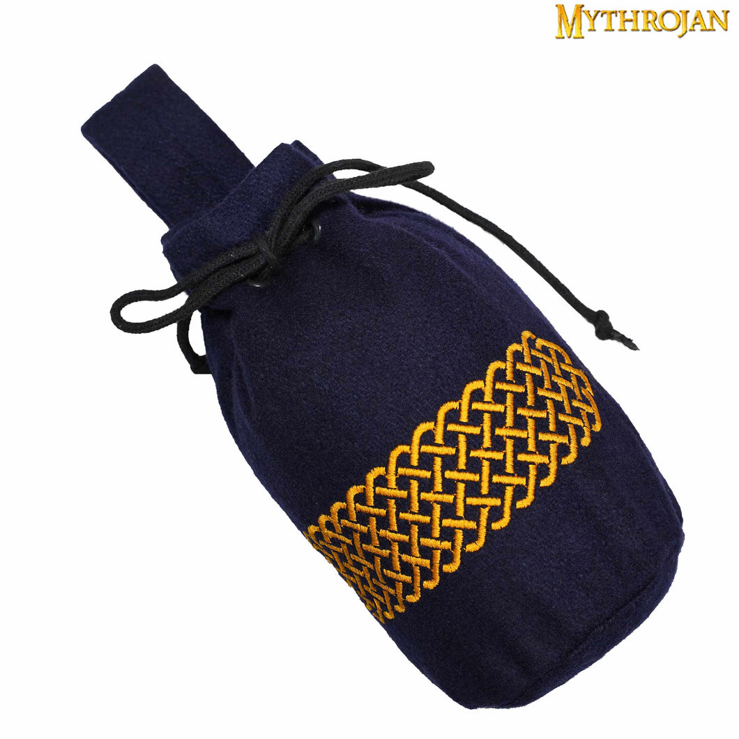 Mythrojan Embroidered Wool Drawstring Belt Pouch: Medieval Viking Celtic Bag Costume Accessories Coin Purse , Navy Blue , 8” × 6.5”